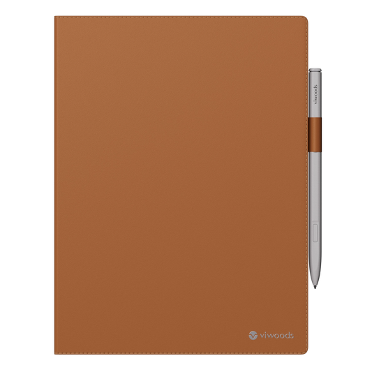 Viwoods AiPaper Premium Genuine Leather Protective Case with a stylus on a white background.