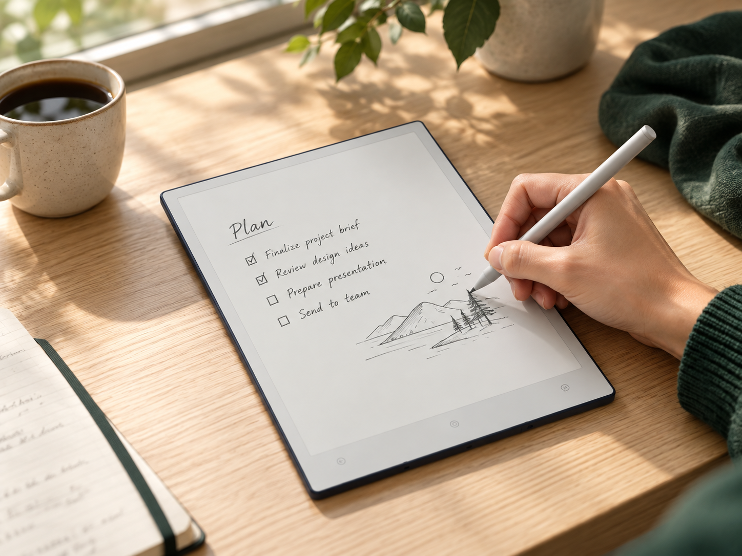 A hand writing notes and sketching on an AiPaper tablet at a sunlit desk